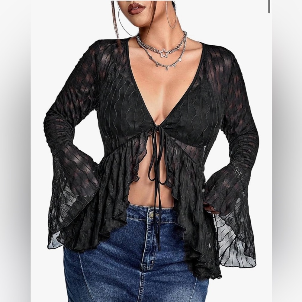 Boho Lace Ruffle Flare Sleeve Tie front Blouse